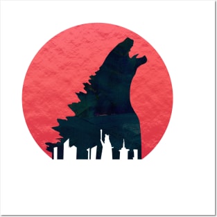 GODZILLA OVER THE CITY AT SUNSET Posters and Art